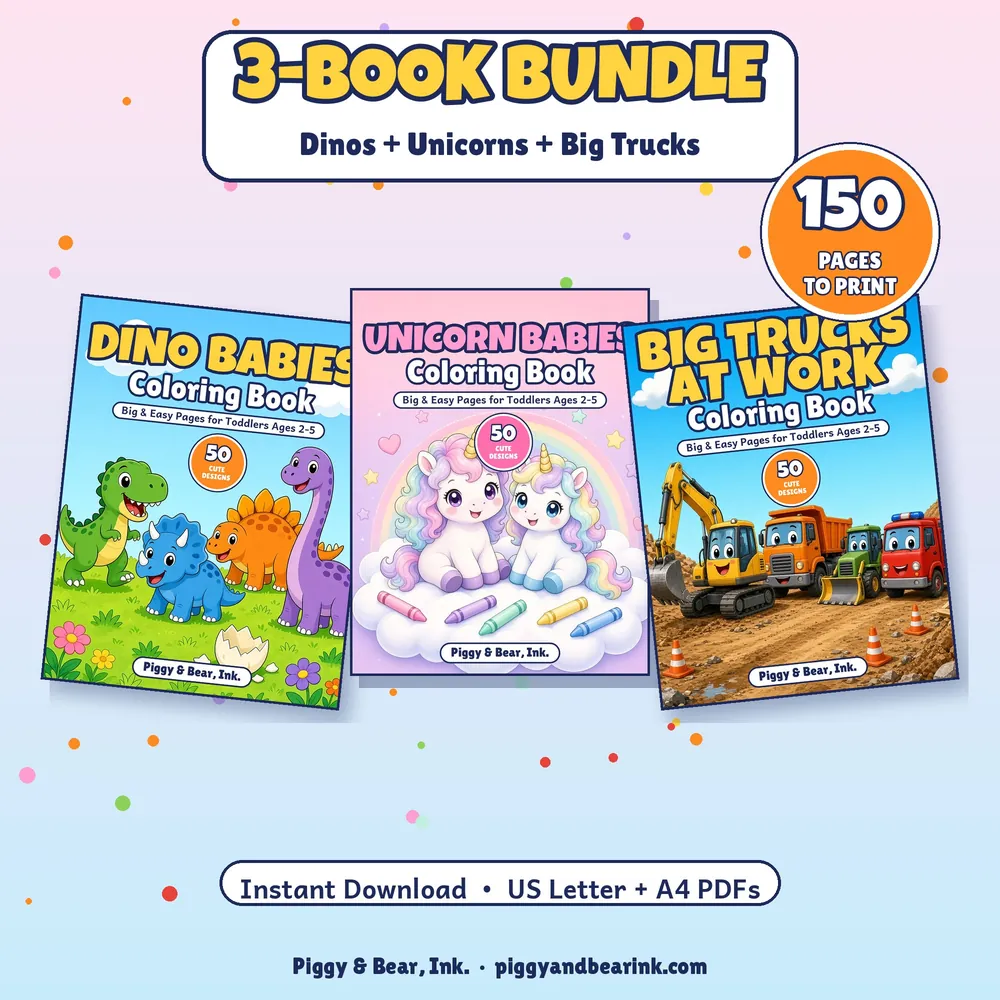 Printable coloring page bundle: Dino Babies, Unicorn Babies and Big Trucks