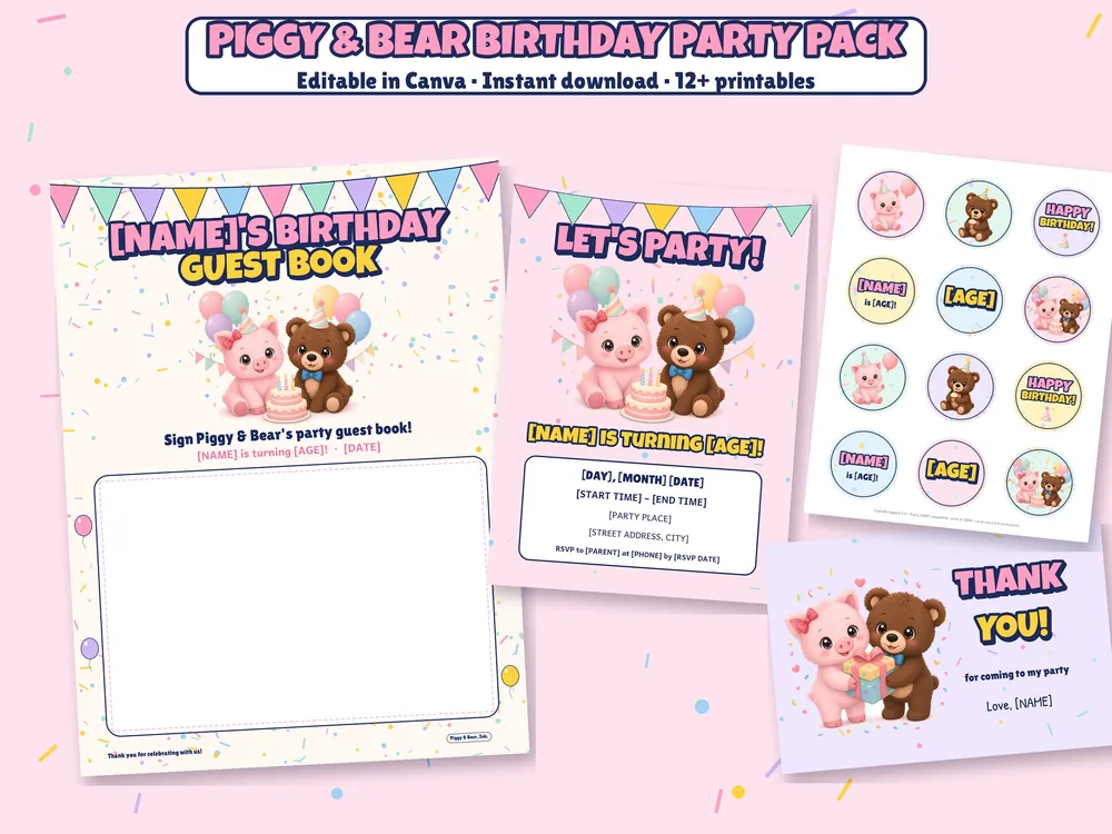 Piggy & Bear birthday party pack with invitation, guest book, cupcake toppers and thank-you card